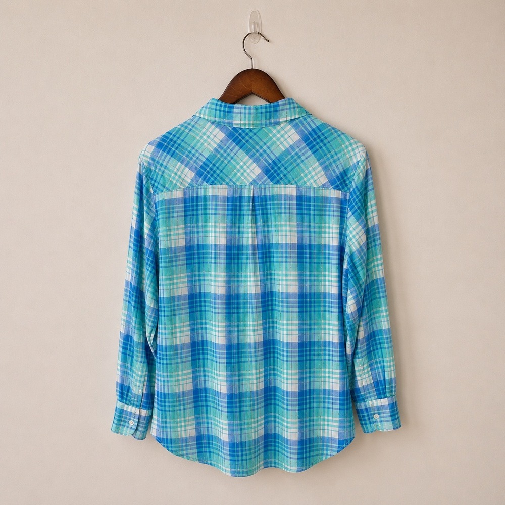 Talbots Button Shirt Womens 1X Blue Plaid Metallic Lightweight Flannel Autumn - Picture 4 of 8